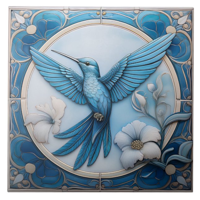 Azulejo De Cerâmica Pastel blue faux relief Art Nouveau Hummingbird L (Frente)