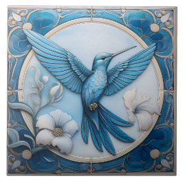 Azulejo De Cerâmica Pastel blue faux relief Art Nouveau Hummingbird R