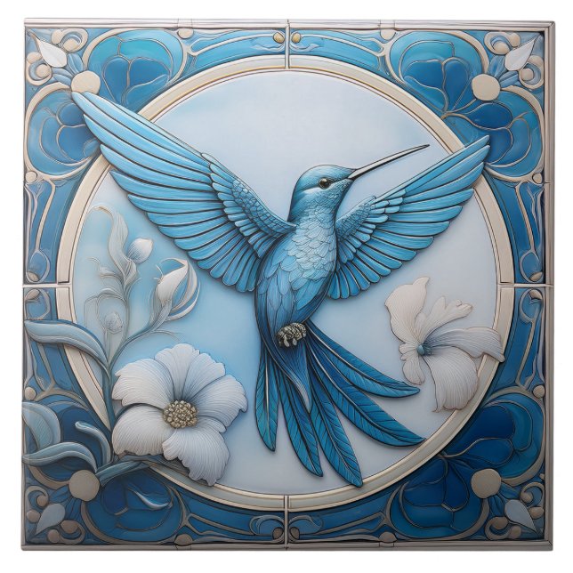 Azulejo De Cerâmica Pastel blue faux relief Art Nouveau Hummingbird R (Frente)