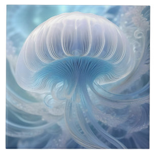 Azulejo De Cerâmica Pastel Blue Jellyfish Arte Fractal Sob O Mar,