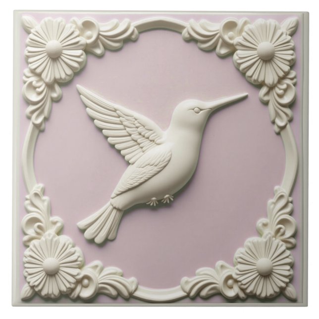 Azulejo De Cerâmica Pastel pink faux relief Art Nouveau Hummingbird  (Frente)