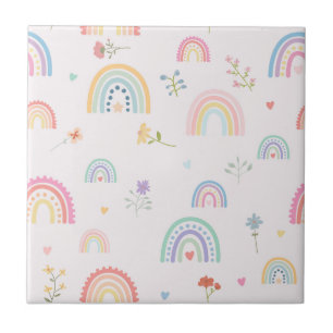 Azulejo De Cerâmica Pastel Rainbows Flores Selvagens Corações Girly Nu