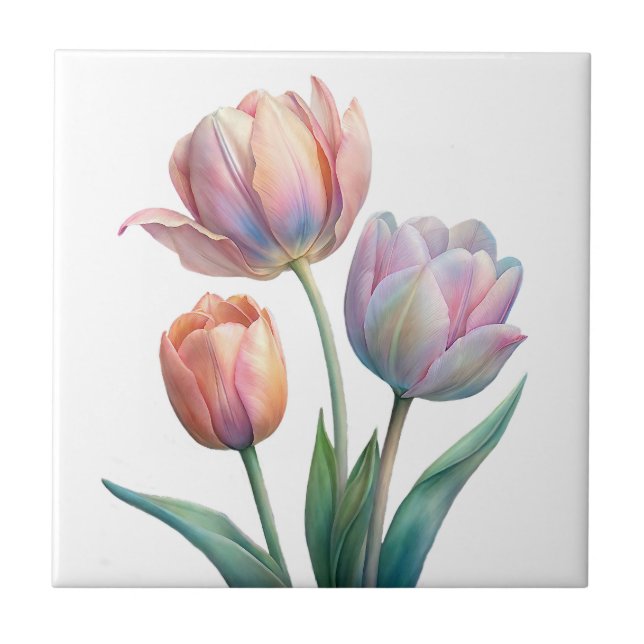 Azulejo De Cerâmica Pastel romântico e poético Tulipas Aquarela (Frente)