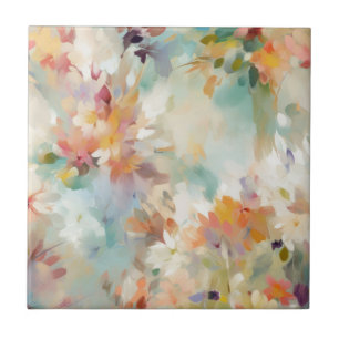 Azulejo De Cerâmica Pastel Teal, Mauve, FloraI Dourada Impressionista