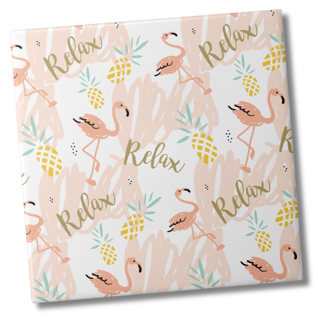 Azulejo De Cerâmica Pastel Tropical Pink Flamingo Pattern (Fun Cute Tropical Pastel Pineapple Pink Flamingo Ceramic Tile)