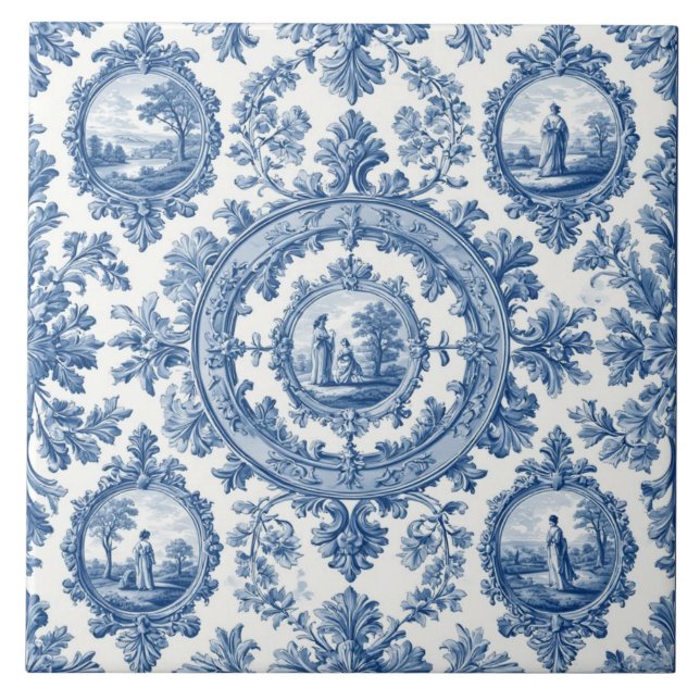 Azulejo De Cerâmica Pastoral Countryside Rural Folks French Toile Blue (Frente)