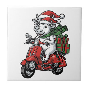 Azulejo De Cerâmica Patinete de Cavalgar Vaca de Natal Engraçado Desig