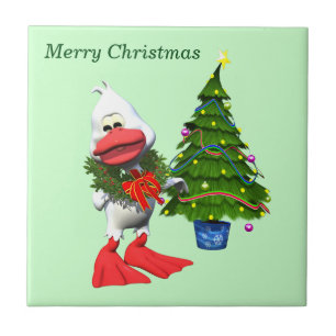Azulejo De Cerâmica Pato branco e bonito de Natal Vestindo uma coroa