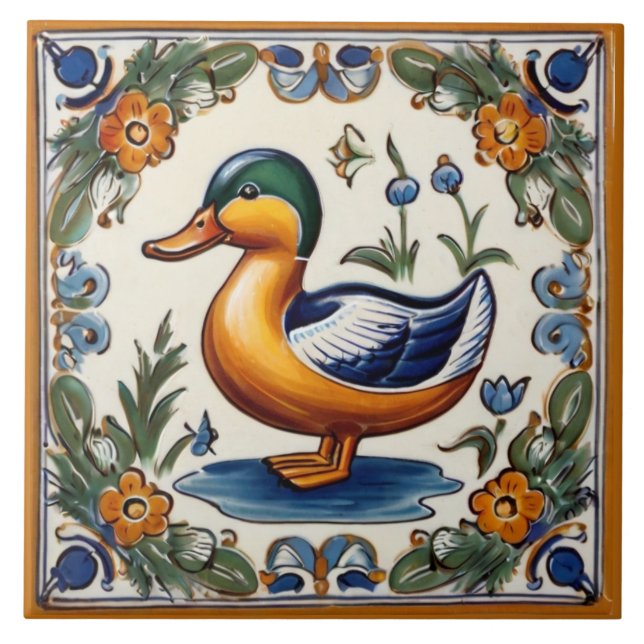 Azulejo De Cerâmica Pato Verde Amarelo Arte Foliar Europeia (Frente)