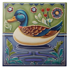 Azulejo De Cerâmica Pato Verde e Azul Mallard Pato Europeu Arte Animal