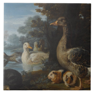 Azulejo De Cerâmica Patos-Guiné e um coelho em uma paisagem florestal