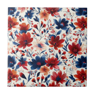 Azulejo De Cerâmica Pátrio Vermelho Azul Branco Floral (10)