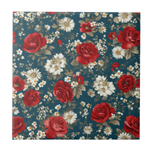 Azulejo De Cerâmica Pátrio Vermelho Azul Branco Floral (11)