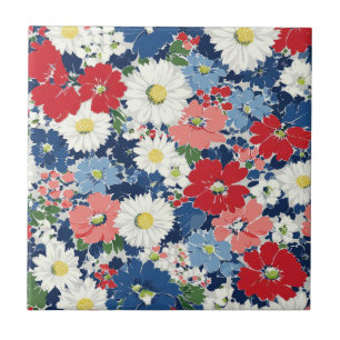 Azulejo De Cerâmica Pátrio Vermelho Azul Branco Floral (3)