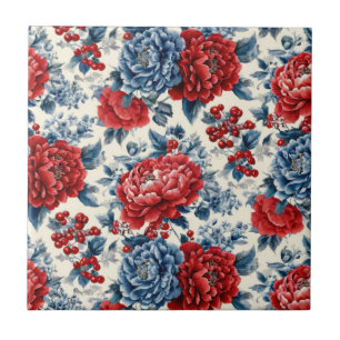 Azulejo De Cerâmica Pátrio Vermelho Azul Branco Floral (7)