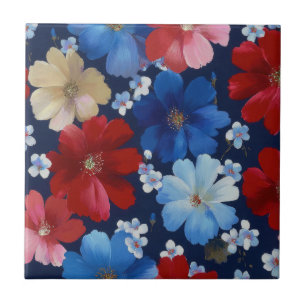 Azulejo De Cerâmica Pátrio Vermelho Azul Branco Floral (9)