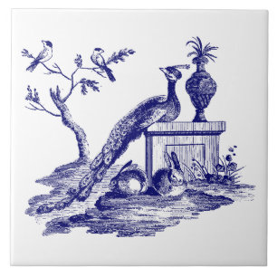Azulejo De Cerâmica Pavão Azul e Branco e Coelhos