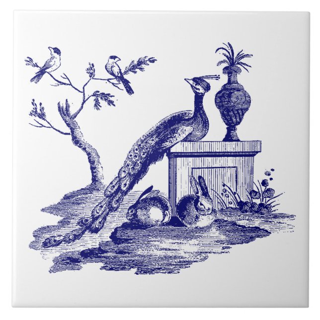 Azulejo De Cerâmica Pavão Azul e Branco e Coelhos (Frente)