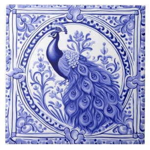 Azulejo De Cerâmica Pavão Azul e Branco Português Europeu