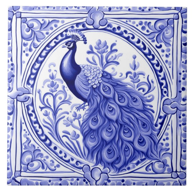 Azulejo De Cerâmica Pavão Azul e Branco Português Europeu (Frente)