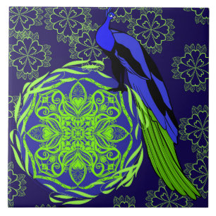 Azulejo De Cerâmica Pavão Azul Elegante com Mandala Verde