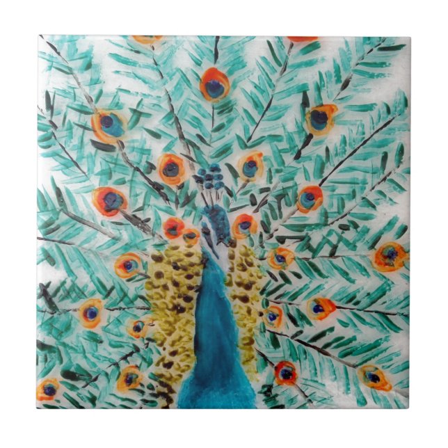 Azulejo De Cerâmica Pavão bonito do verde esmeralda e da turquesa (Frente)