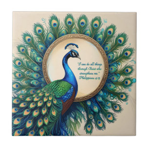 Azulejo De Cerâmica Pavão Celestial em Flor Versículo Bíblico