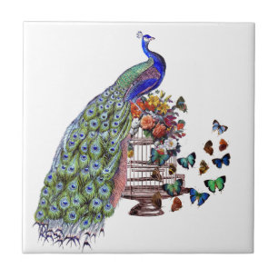 Azulejo De Cerâmica Pavão do vintage na gaiola