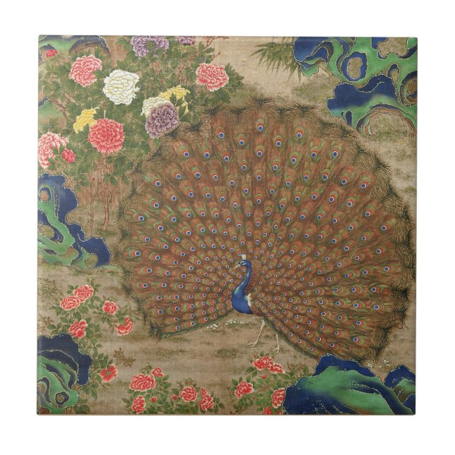 Azulejo De Cerâmica Pavão e flores chinesas (século XVII) (Frente)