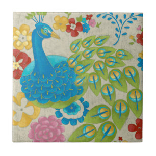 Azulejo De Cerâmica Pavão e flores coloridos
