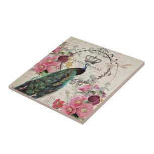 Azulejo De Cerâmica Pavão e flores da primavera