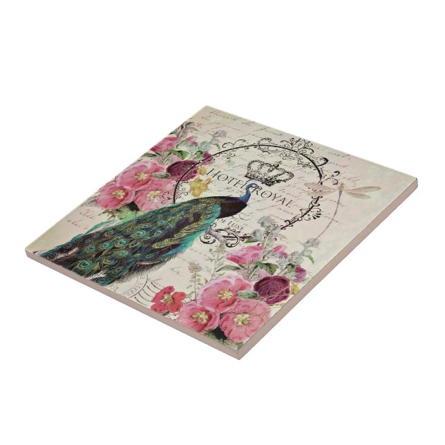 Azulejo De Cerâmica Pavão e flores da primavera (Lateral)