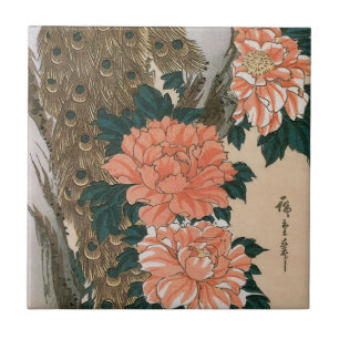 Azulejo De Cerâmica Pavão e Peônias por Hiroshige, Arte Japonês