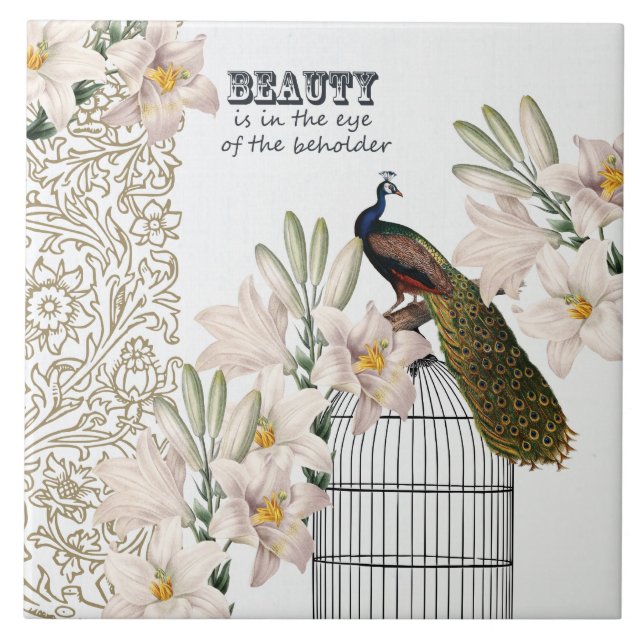 Azulejo De Cerâmica Pavão elegante dos lírios (Frente)