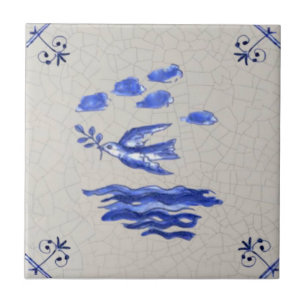 Azulejo De Cerâmica Peace Dove c/ Olive Branch Blue Delft 1600s Repro