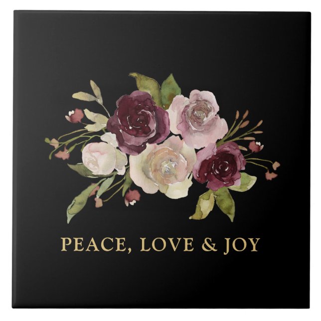 Azulejo De Cerâmica Peace Love and Joy Winter Bouquet Black Holiday (Frente)