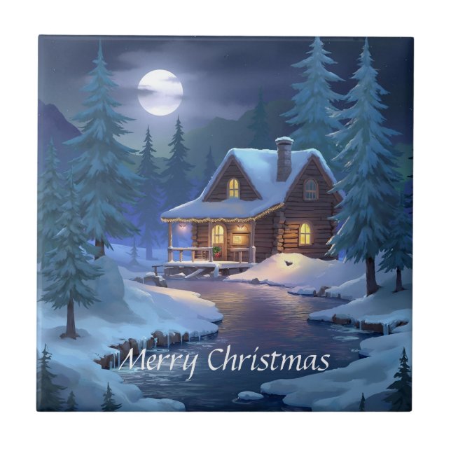 Azulejo De Cerâmica Peaceful Cabin in Winter Forest (Frente)