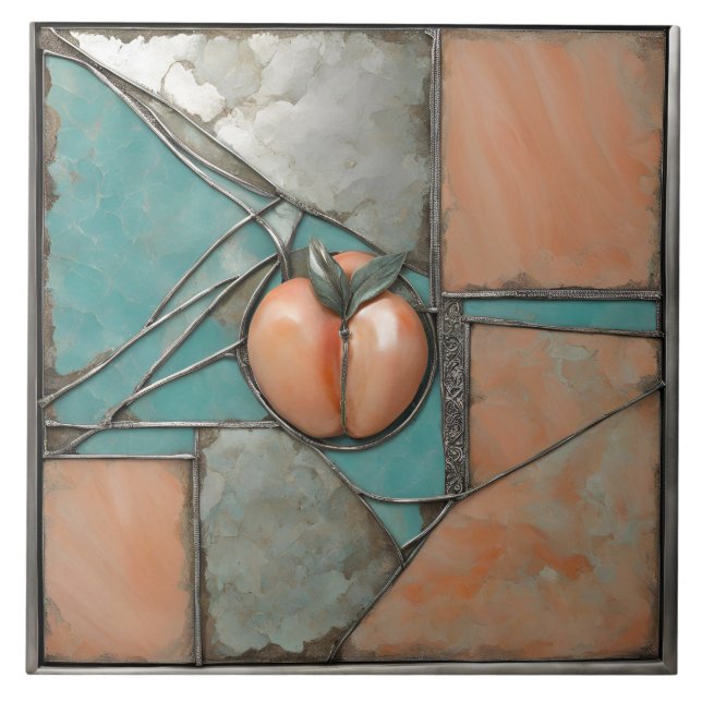 Azulejo De Cerâmica Peach and Turquoise metal art with silver Accents  (Frente)