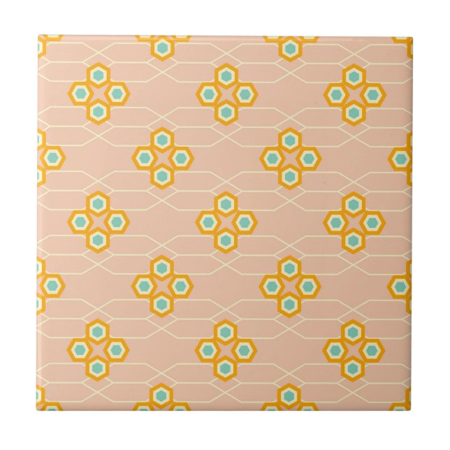 Azulejo De Cerâmica Peach background hexagonal floral pattern  (Frente)