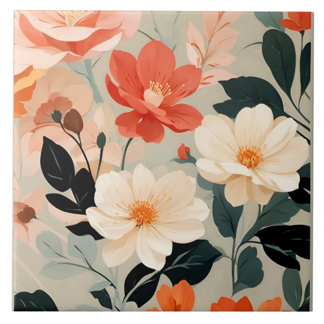 Azulejo De Cerâmica Peach e Cream floral floral (Frente)