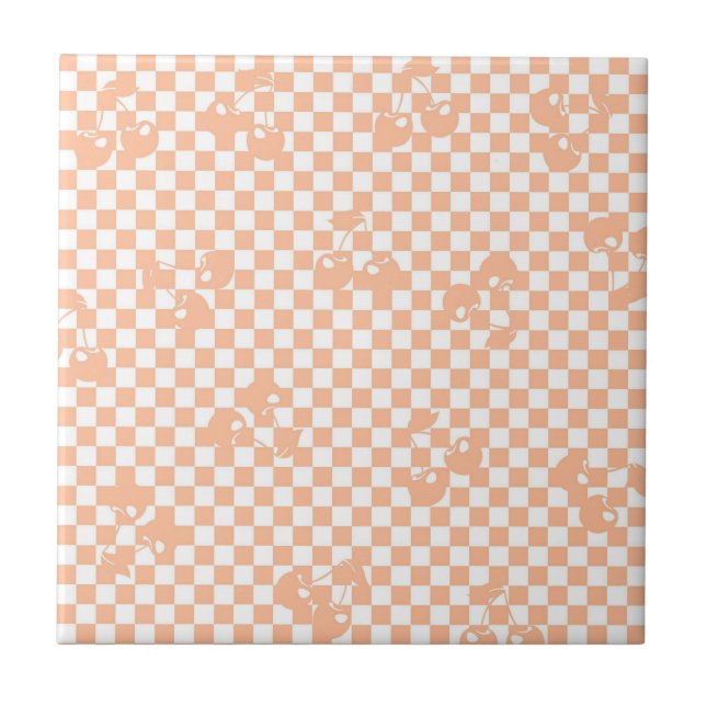 Azulejo De Cerâmica Peach Fuzz Cherry Gingham Patterno (Frente)