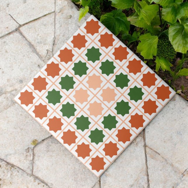 Azulejo De Cerâmica Peach Fuzz Green Terracota Geométrico Islâmico (Criador carregado)