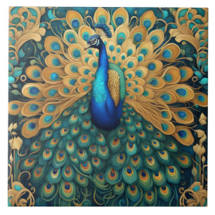 Azulejo De Cerâmica Peacock Art Nouveau Art Deco Turquoise e Dourada
