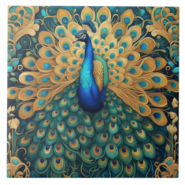 Azulejo De Cerâmica Peacock Art Nouveau Art Deco Turquoise e Dourada (Frente)