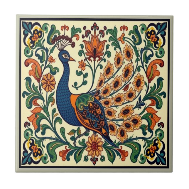 Azulejo De Cerâmica Peacock Bird Morris Morgan Boho (Frente)