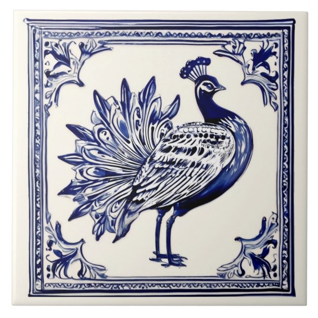 Azulejo De Cerâmica Peacock Blue and White Folk Animal Art (Frente)