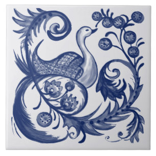 Azulejo De Cerâmica Peacock Blue White Swirl Vintage Folk Design