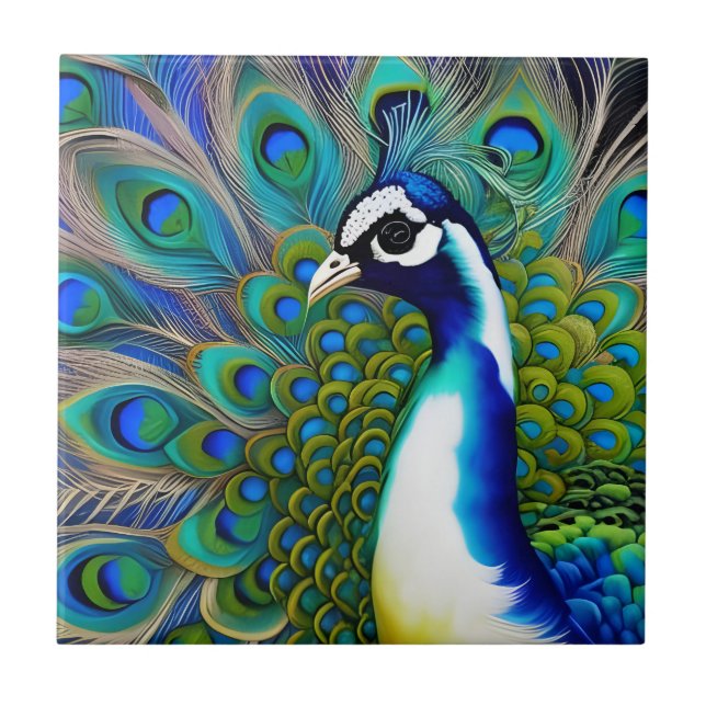 Azulejo De Cerâmica Peacock Branco Azul e Verde (Frente)