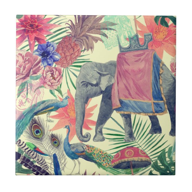 Azulejo De Cerâmica Peacock Elefante Exótico Bonito (Frente)