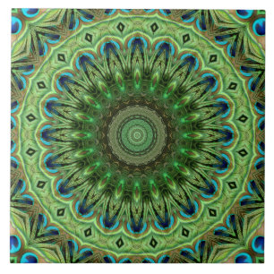 Azulejo De Cerâmica Peacock Feather Mandala Emerald e Blue Symtry